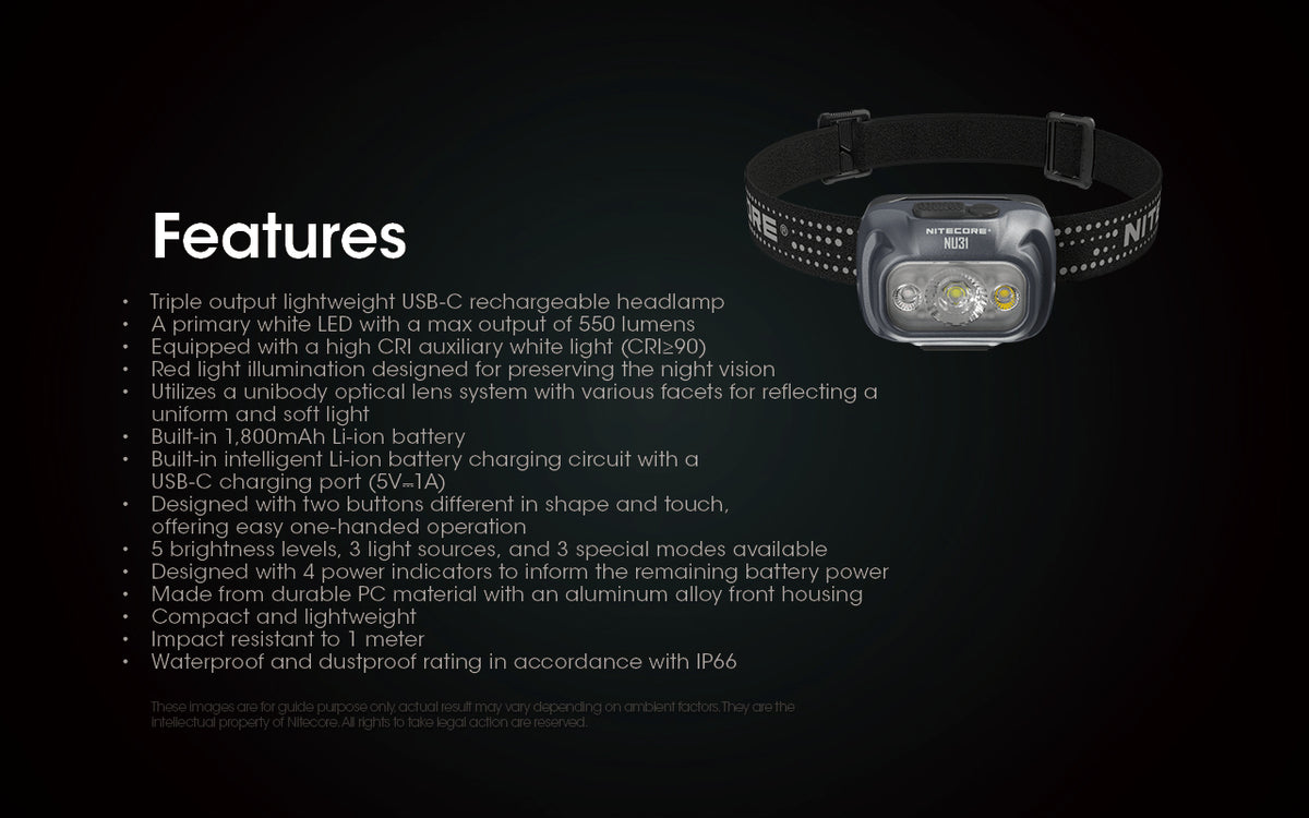 NITECORE NU31 USB-C Rechargeable Headlamp | 550 Lumens