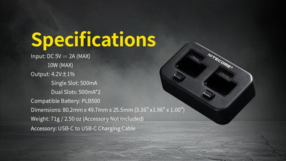 NITECORE PLC500 USB-C Dual-Slot Charger for PLB500